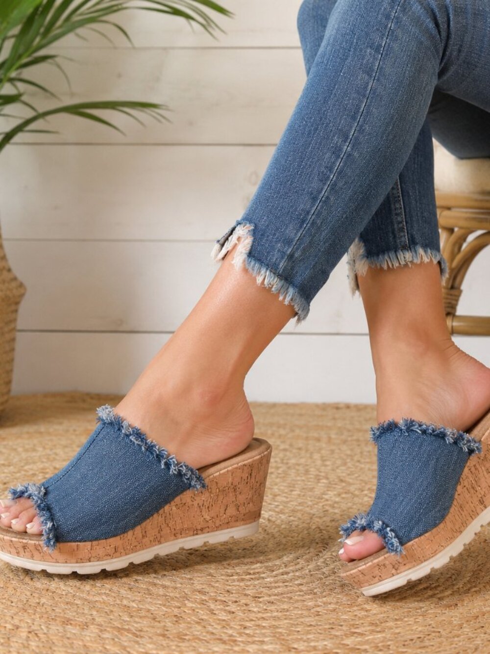 Minnetonka Denim Cork Wedge Slide Size 9 Sandals